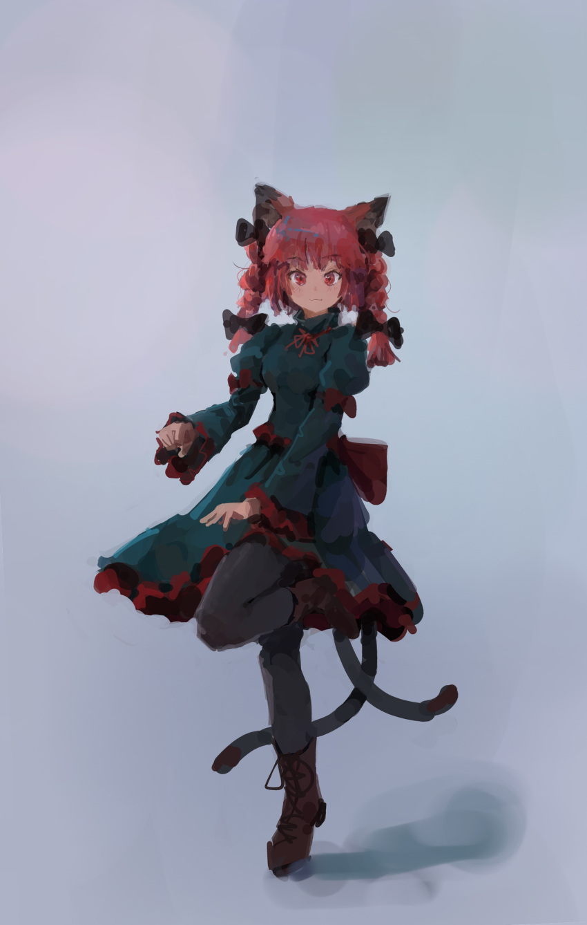 1girl :3 absurdres animal_ears back_bow black_bow black_legwear blush boots bow bowtie braid cat_ears cat_tail clenched_hand dress gradient gradient_background green_dress grey_background highres juliet_sleeves kaenbyou_rin long_sleeves multiple_tails non-web_source pantyhose paw_pose puffy_sleeves red_bow red_bowtie red_eyes reddizen redhead shadow simple_background sketch slit_pupils solo source_request standing standing_on_one_leg tail touhou twin_braids two_tails