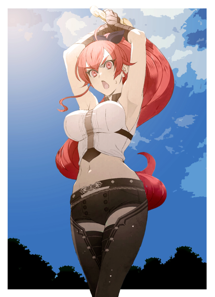 1girl ahoge armpits arms_up bangs belt belt_buckle black_belt black_bow black_legwear black_shorts blue_sky border bow breasts breasts_apart buckle clouds crop_top e2c7 eris_greyrat floating_hair groin hair_between_eyes hair_bow high_ponytail highres holding holding_sword holding_weapon large_breasts long_hair midriff mushoku_tensei navel open_mouth pink_eyes redhead short_shorts shorts sky solo standing stomach sweatdrop sword v-shaped_eyebrows very_long_hair weapon white_border