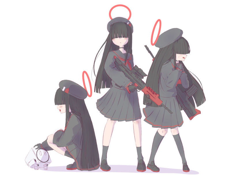 3girls assault_rifle bangs beret black_footwear black_gloves black_hair black_legwear black_skirt blue_archive blunt_bangs bullpup covered_eyes gloves gun halo hat highres hime_cut justice_committee_club_member_(blue_archive) kanaeco25 l85 light_blush long_hair multiple_girls neckerchief petting red_neckerchief red_stripes rifle sailor_collar school_uniform simple_background skirt squatting trigger_discipline weapon white_background
