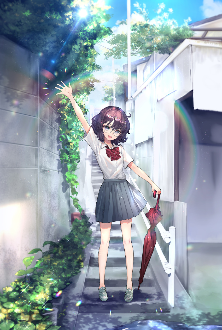 1girl absurdres arm_at_side arm_up bangs black_eyes black_hair bow bowtie collared_shirt day glasses highres hitowa holding holding_umbrella open_mouth original pleated_skirt school_uniform shirt shoes short_hair skirt smile solo standing sunlight umbrella