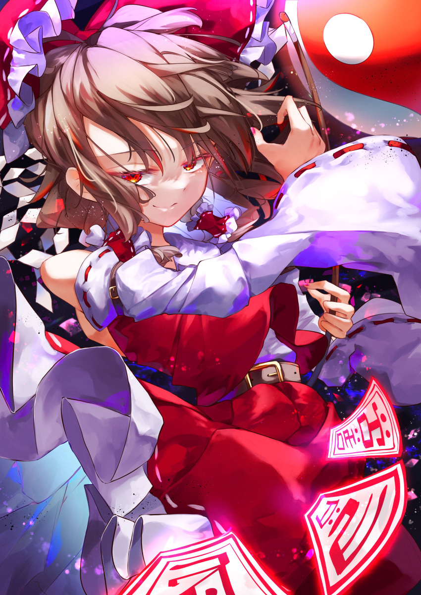 1girl absurdres bangs belt bow brown_hair calpis118 closed_mouth detached_sleeves english_commentary eyebrows_visible_through_hair gohei hair_bow hair_tubes hakurei_reimu highres holding looking_at_viewer nontraditional_miko ofuda red_bow red_eyes red_shirt red_skirt ribbon-trimmed_skirt ribbon-trimmed_sleeves ribbon_trim shide shirt short_hair skirt smile smug solo touhou wide_sleeves yin_yang