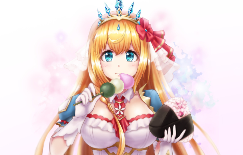 1girl blue_eyes bow breasts cherry_blossoms dango eating flower_knot food gem gloves hair_bow highres holding holding_food long_hair looking_at_viewer medium_breasts necktie onigiri orange_hair pecorine_(princess_connect!) princess_connect! red_bow red_necktie shiny shiny_hair solo tiara upper_body wagashi white_gloves ya9mnx6smrb8o8g