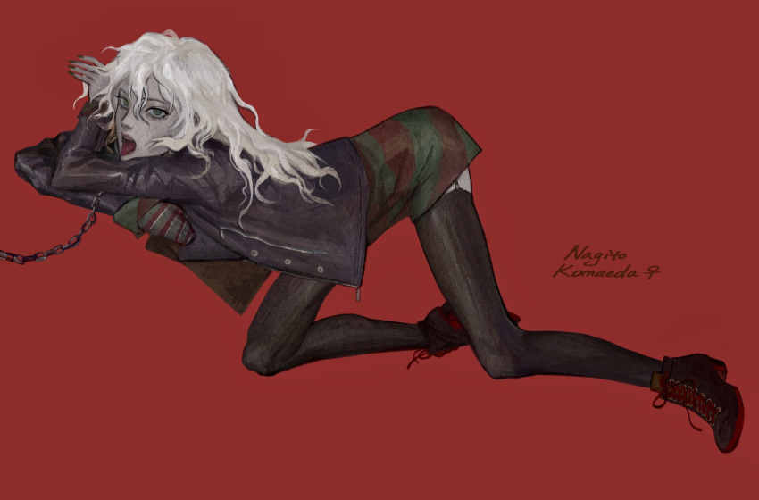 1girl atergraham black_footwear black_legwear boots chain character_name danganronpa_(series) danganronpa_another_episode:_ultra_despair_girls genderswap genderswap_(mtf) gloves green_eyes green_nails hair_between_eyes highres jacket komaeda_nagito open_mouth red_background servant_(danganronpa) shirt single_glove solo striped striped_gloves striped_shirt top-down_bottom-up venus_symbol white_hair