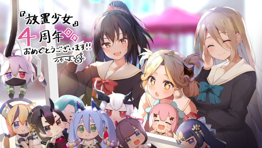 3girls :o absurdres bangs blurry blurry_background bow bowtie character_request closed_mouth crane_game doll earrings hair_rings highres houchi_shoujo jewelry long_hair multiple_girls open_mouth orange_eyes pom_pom_(clothes) pom_pom_earrings ponytail sailor_collar smile uniform yellow_eyes yushima