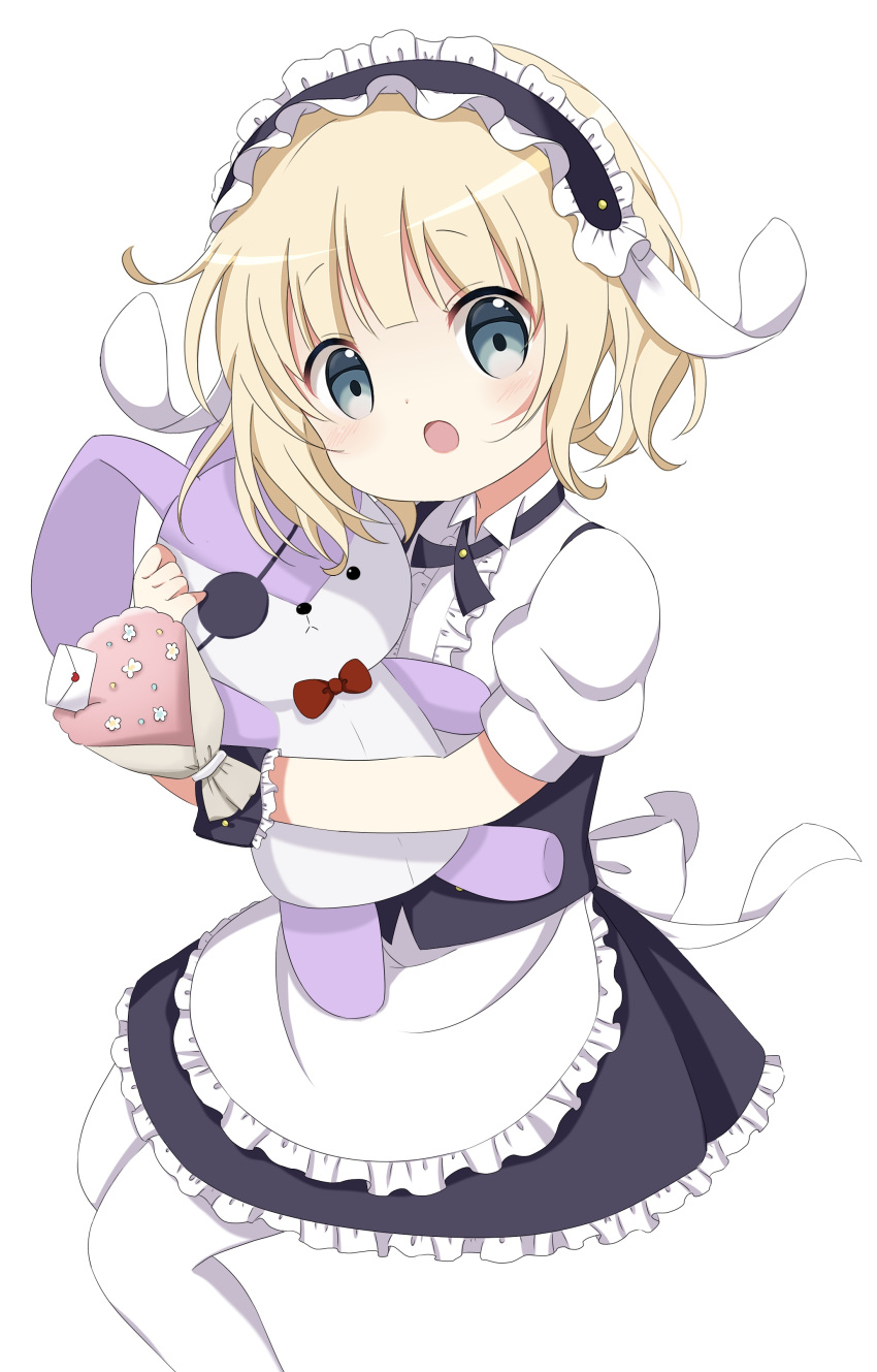 1girl :o absurdres animal_ears apron bangs black_hairband black_skirt blonde_hair blunt_bangs blush center_frills collared_shirt doll_hug fake_animal_ears fleur_de_lapin_uniform frilled_apron frilled_hairband frilled_shirt frills gochuumon_wa_usagi_desu_ka? green_eyes hairband highres kirima_sharo lolita_hairband looking_at_viewer maid miniskirt neck_ribbon object_hug open_mouth puffy_short_sleeves puffy_sleeves rabbit-hinata rabbit_ears ribbon shirt short_hair short_sleeves skirt solo stuffed_animal stuffed_bunny stuffed_toy suspenders underbust uniform waist_apron waitress wavy_hair white_apron white_legwear white_shirt wild_geese wrist_cuffs