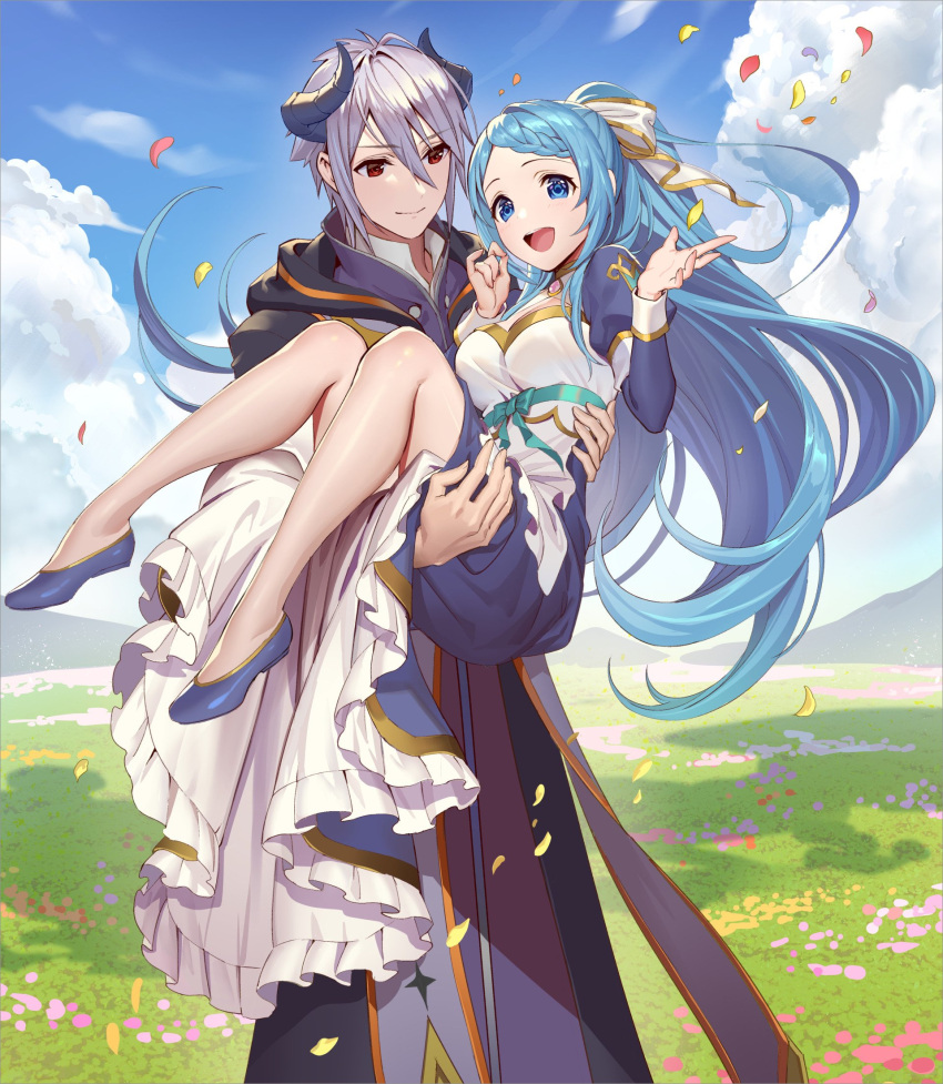 1boy 1girl blue_eyes blue_hair braid breasts carrying carrying_person character_request closed_mouth clouds copyright_request dress frilled_dress frills hair_ribbon highres horns long_hair meadow medium_breasts open_mouth princess_carry red_eyes ribbon shoes silver_hair sky smile standing teffish
