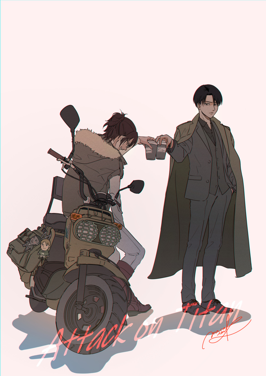 1boy 1other absurdres backpack bag black_hair brown_footwear brown_hair character_doll coat copyright_name cup disposable_cup formal ground_vehicle hand_in_pocket hange_zoe highres levi_(shingeki_no_kyojin) macaronk motor_vehicle motorcycle onyankopon_(shingeki_no_kyojin) shingeki_no_kyojin shoes signature simple_background suit white_background