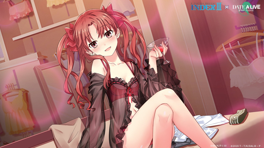 1girl black_babydoll bra cup date_a_live:_spirit_pledge drinking_glass eyebrows_visible_through_hair highres holding holding_cup long_hair looking_at_viewer official_art open_mouth panties red_bra red_eyes red_panties redhead shirai_kuroko sitting smile solo toaru_majutsu_no_index underwear wine_glass