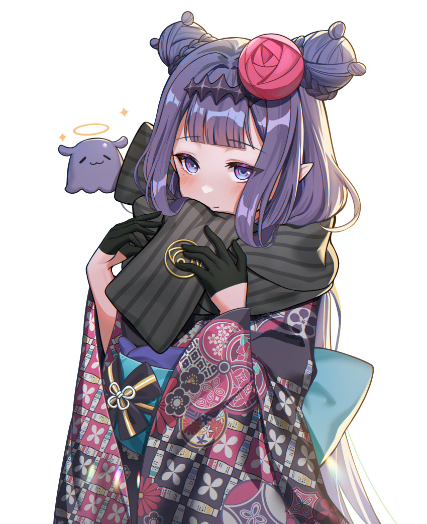 1girl absurdres bangs black_gloves black_scarf closed_mouth double_bun eyebrows_visible_through_hair flower gloriak gloves hair_flower hair_ornament half_gloves hands_up headpiece highres hololive hololive_english japanese_clothes kimono long_hair ninomae_ina'nis obi purple_hair sash scarf simple_background smile solo tako_(ninomae_ina'nis) upper_body violet_eyes virtual_youtuber white_background