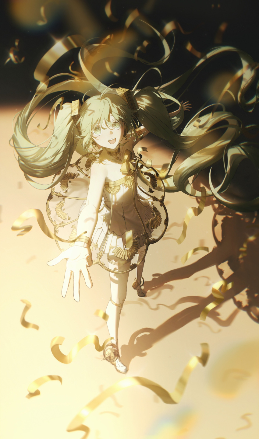 1girl absurdres bare_arms blurry blurry_background bracelet collarbone dark_background depth_of_field dot_nose dress eyebrows_visible_through_hair flat_chest floating_hair from_above full_body glint gold_trim green_eyes green_hair happy hatsune_miku headphones highres jewelry konya_karasu_kou legs_apart light_particles long_hair looking_up miku_symphony_(vocaloid) neck_ribbon neck_ring open_mouth outstretched_arms ribbon see-through_dress shadow shoes short_dress sidelighting single_thighhigh smile solo standing strapless strapless_dress streamers teeth thigh-highs thighlet tiptoes twintails upper_teeth very_long_hair vocaloid white_dress white_footwear wide-eyed