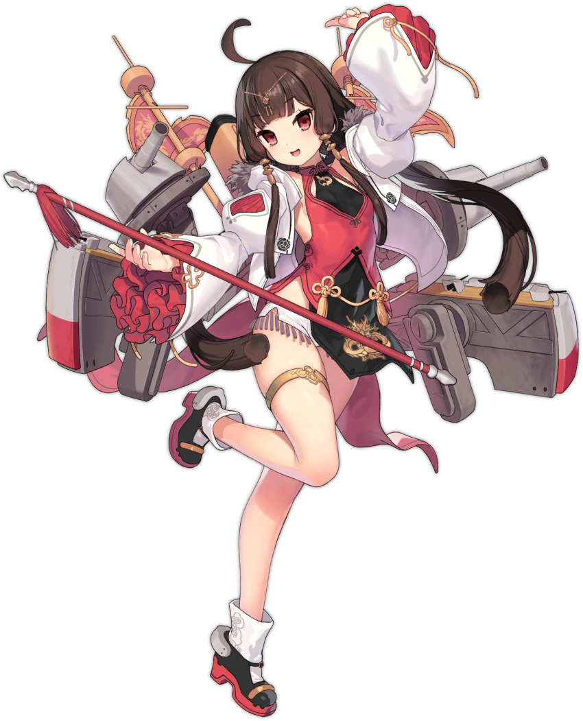 1girl ahoge azur_lane bangs breasts brown_hair full_body hai_chi_(azur_lane) hair_ornament highres holding holding_weapon kinjo_kuromomo leg_up looking_at_viewer official_art open_mouth red_eyes rigging small_breasts thigh_strap transparent_background turret weapon wide_sleeves