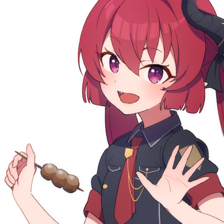 1girl afnroll black_shirt blue_archive dango fang food hair_between_eyes holding holding_food horns junko_(blue_archive) light_blush looking_at_viewer necktie open_hand open_mouth red_necktie redhead shirt short_sleeves simple_background smile solo upper_body violet_eyes wagashi white_background