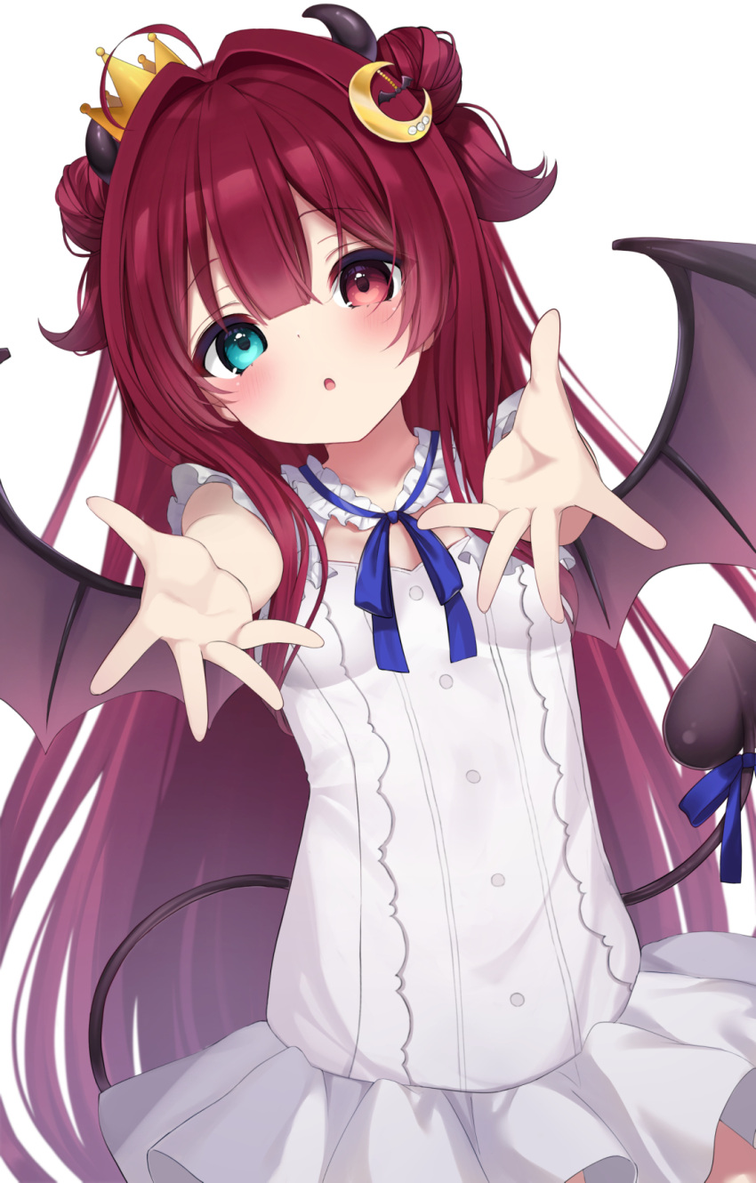 1girl ahoge blue_bow blue_eyes blush bow breasts brown_wings commentary_request crescent crescent_hair_ornament crown demon_girl demon_horns demon_tail demon_wings double_bun dress hair_intakes hair_ornament heterochromia highres horns long_hair looking_at_viewer mini_crown nijisanji outstretched_arms red_eyes redhead senagawa_roro simple_background small_breasts solo tail tail_bow tail_ornament tilted_headwear two_side_up very_long_hair virtual_youtuber white_background white_dress wings yuzuki_roa