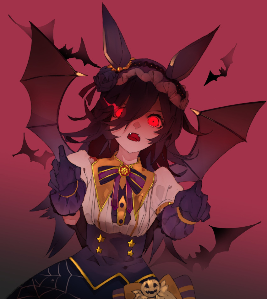 1girl animal_ears bat bat_wings black_hair bow bowtie collared_shirt english_commentary eye_trail fangs flower frilled_hairband frills gloves glowing glowing_eyes hair_between_eyes hairband high-waist_skirt highres horse_ears ikurauni long_hair looking_at_viewer make_up_in_halloween!_(umamusume) open_mouth purple_gloves red_background red_eyes rice_shower_(umamusume) rose shirt short_sleeves skirt solo tongue umamusume upper_body white_shirt wings