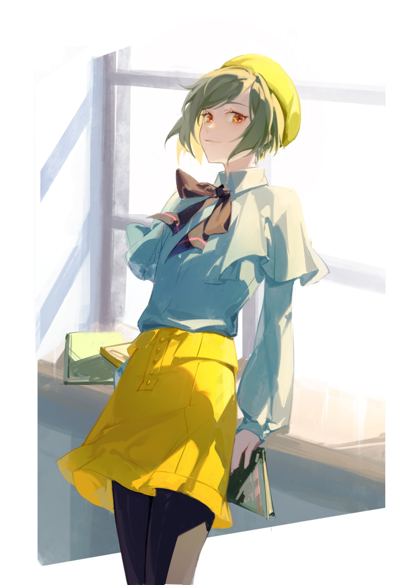 1boy a3! androgynous black_pantyhose book border buttons chinese_commentary closed_mouth green_hair grey_shirt hat highres holding holding_book lirisy long_sleeves looking_at_viewer male_focus orange_eyes outside_border pantyhose rurikawa_yuki shirt shirt_tucked_in short_hair skirt solo sunlight white_border window windowsill yellow_headwear yellow_skirt