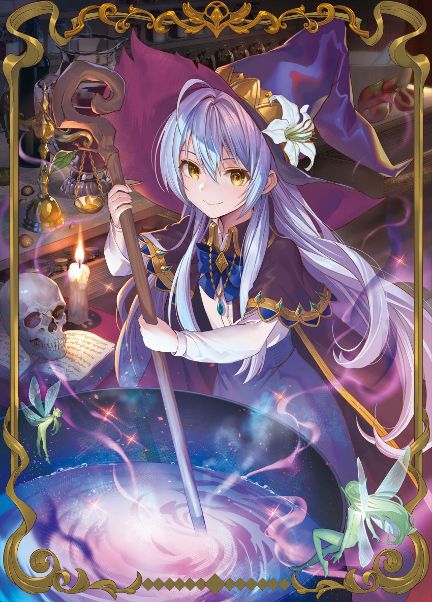 1girl ahoge bangs blue_hair book bow bowtie candle cauldron character_request cloak closed_mouth copyright_request cover cover_page fairy framed hair_between_eyes hat hat_ornament highres holding holding_staff jewelry necklace novel_cover official_art skull smile solo_focus staff stirring teffish witch witch_hat yellow_eyes