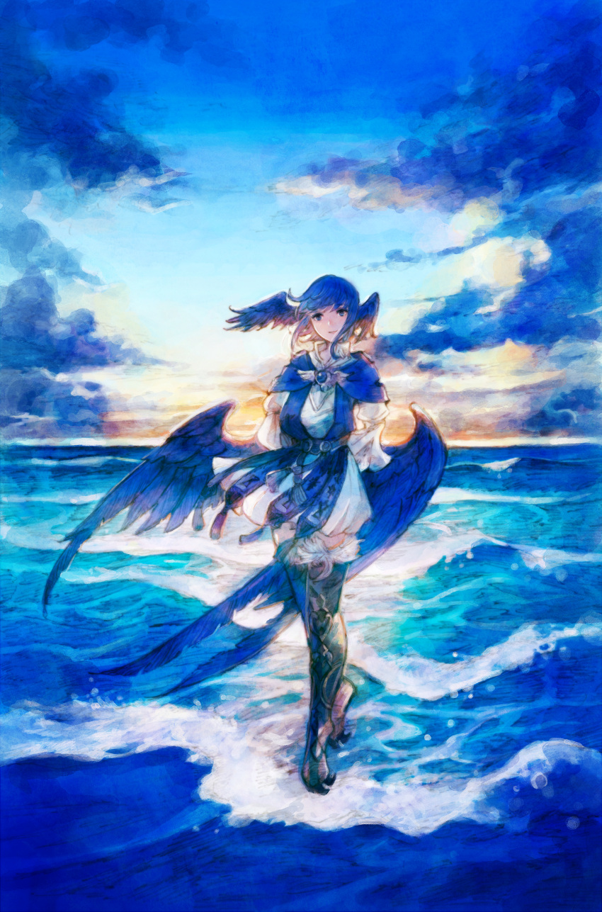 1girl absurdres bangs bird_girl bird_tail blue_eyes blue_hair blue_tail capelet feathered_wings final_fantasy final_fantasy_xiv head_wings highres looking_at_viewer low_wings meteion open_mouth peppermint_jet short_hair solo tail water wing_ears wings