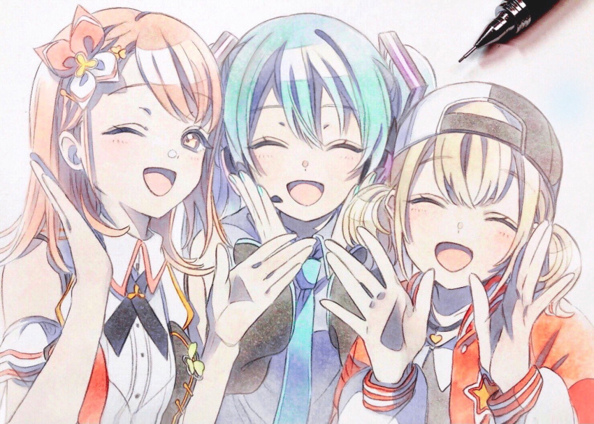 3girls aqua_hair aqua_nails azusawa_kohane backwards_hat bangs baseball_cap black_ribbon blonde_hair blue_necktie bow brown_eyes brown_hair closed_eyes collared_shirt dot_nose eyelashes facing_viewer fingernails graphite_(medium) grey_shirt hair_between_eyes hair_bow hanasato_minori hands_on_own_cheeks hands_on_own_face hands_up hat hatsune_miku headset heart heart_necklace jacket jewelry letterman_jacket light_blush lineup looking_at_viewer medium_hair multiple_girls neck_ribbon necklace necktie one_eye_closed open_mouth pato_(ptro) photo_(medium) project_sekai ribbon shiny shiny_hair shirt short_twintails simple_background smile star_(symbol) star_print swept_bangs traditional_media tsurime twintails two-tone_bow upper_body waistcoat white_background