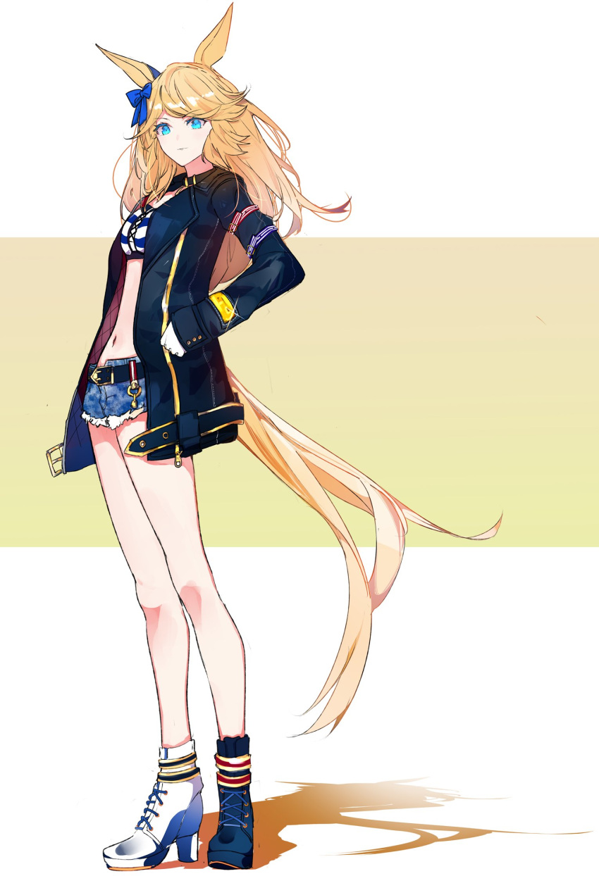 1girl animal_ears asymmetrical_footwear bangs belt belt_buckle black_jacket blonde_hair blue_eyes boots bow buckle closed_mouth collar denim denim_shorts glint gloves gold_city_(umamusume) hair_bow high_heel_boots high_heels highres horse_ears horse_girl horse_tail ikurauni jacket long_hair looking_at_viewer mismatched_footwear navel open_clothes open_jacket shadow shorts solo standing tail two-tone_background umamusume white_gloves