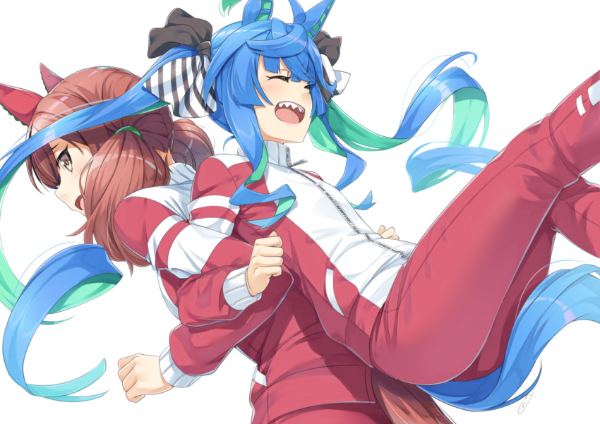 2girls :d ^_^ ahoge animal_ears blue_hair blush brown_eyes brown_hair closed_eyes commentary_request green_hair horse_ears horse_girl horse_tail jacket locked_arms long_hair long_sleeves miri_(ago550421) multicolored_hair multiple_girls nice_nature_(umamusume) pants profile red_jacket red_pants sharp_teeth sidelocks simple_background smile tail teeth track_jacket track_pants track_suit twin_turbo_(umamusume) twintails two-tone_hair umamusume very_long_hair white_background