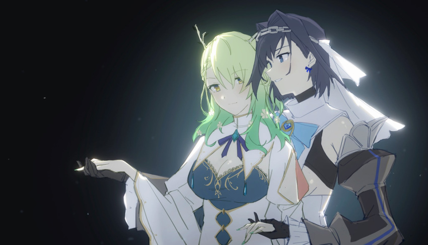 2girls antlers bangs black_gloves black_hair blue_eyes breasts ceres_fauna chain commentary detached_sleeves gloves green_hair green_nails hair_between_eyes highres holding_hands hololive hololive_english large_breasts long_hair multiple_girls nail_polish ouro_kronii parted_lips short_hair smile spwhitebs upper_body virtual_youtuber yellow_eyes yuri