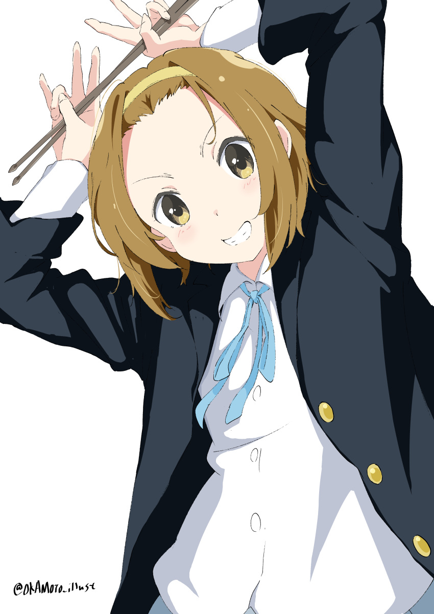 1girl absurdres arms_up black_jacket blue_ribbon brown_eyes brown_hair collared_shirt commentary drumsticks grin hairband highres jacket k-on! light_blush long_sleeves looking_at_viewer medium_hair neck_ribbon open_clothes open_jacket ribbon school_uniform shirt simple_background smile solo tainaka_ritsu teeth twitter_username upper_body white_background white_gorilla_(okamoto) white_shirt yellow_hairband