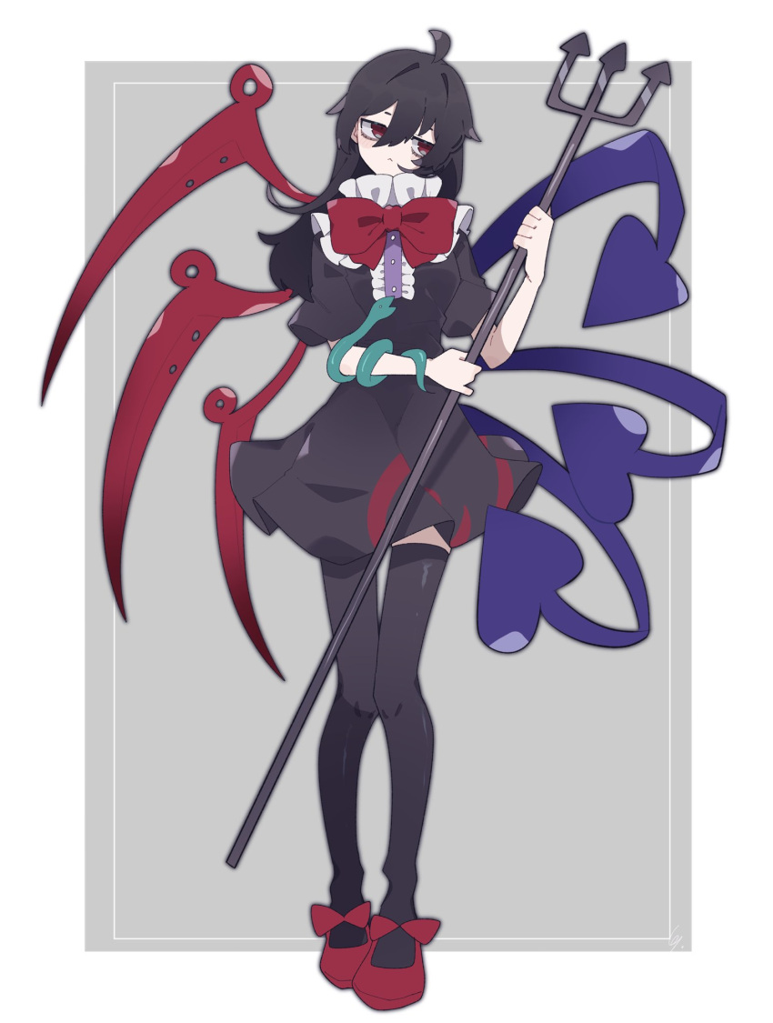 1girl :&lt; ahoge alternate_hair_length alternate_hairstyle bangs black_dress black_hair black_legwear border bow bowtie center_frills closed_mouth dress footwear_bow frills full_body grey_background hair_between_eyes half-closed_eyes highres holding holding_polearm holding_weapon houjuu_nue looking_at_viewer looking_to_the_side medium_hair negi_si polearm red_bow red_bowtie red_eyes red_footwear short_sleeves simple_background snake_armband solo standing thigh-highs touhou trident weapon white_border