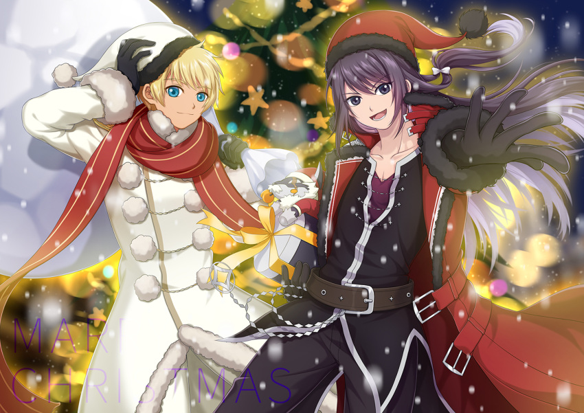 2boys :d alternate_costume belt black_eyes black_gloves black_hair black_pants black_shirt blonde_hair blue_eyes bow brown_belt buckle character_doll christmas christmas_tree closed_mouth coat collarbone flynn_scifo fur_trim gift gloves hair_bow hat holding holding_gift holding_sack kenen_tanabata long_hair looking_at_viewer male_focus merry_christmas multiple_boys official_alternate_costume open_mouth pants pom_pom_(clothes) red_coat red_headwear repede_(tales) sack santa_hat shirt smile star_(symbol) tales_of_(series) tales_of_asteria tales_of_vesperia typo white_bow white_coat white_headwear white_pants yellow_bow yuri_lowell