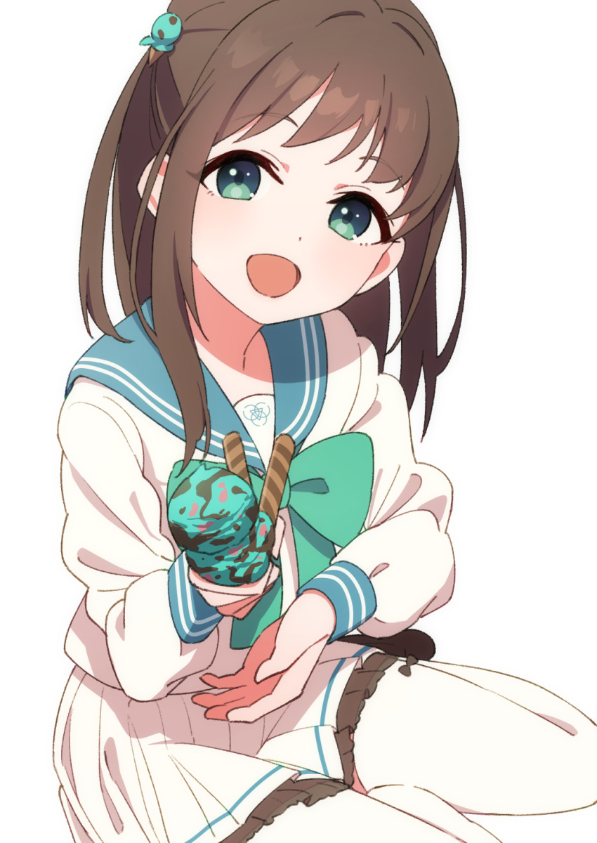 1girl afnroll airi_(blue_archive) bangs blue_archive blue_sailor_collar brown_hair chocolate_mint_ice_cream food food-themed_hair_ornament frilled_skirt frills green_eyes green_ribbon hair_ornament highres holding holding_food ice_cream looking_at_viewer open_mouth ribbon sailor_collar school_uniform shirt simple_background sitting skirt solo thigh-highs wafer_stick white_background white_shirt white_skirt