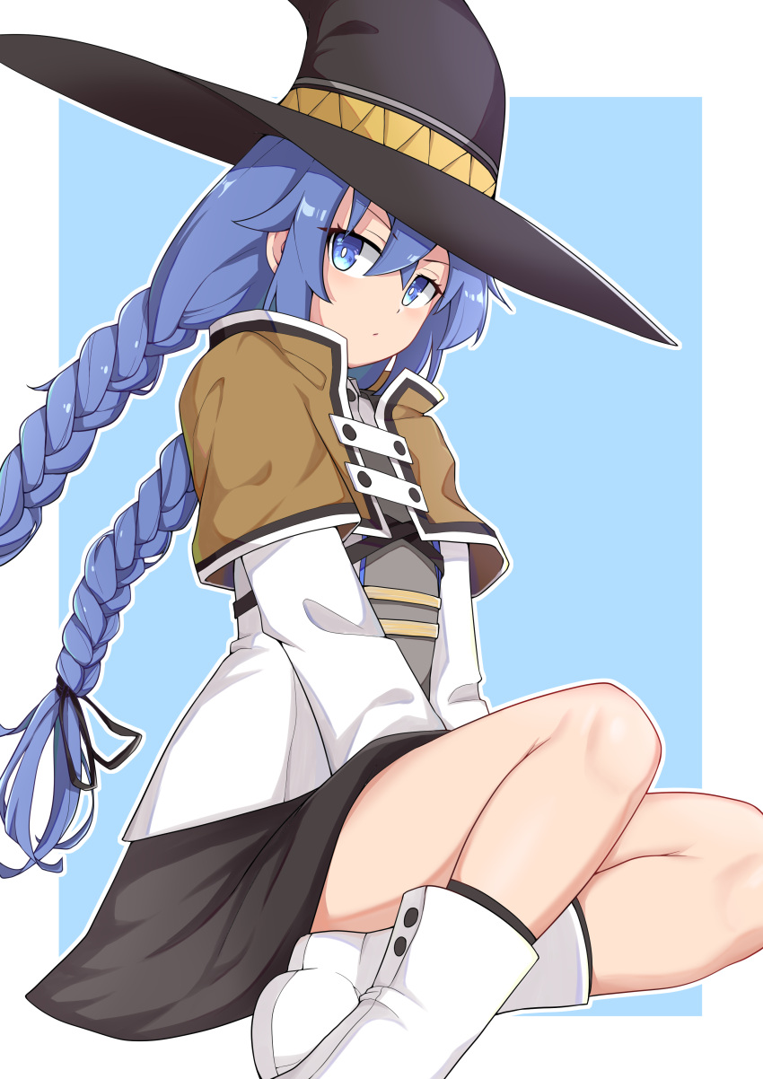1girl absurdres bangs bare_legs between_legs black_headwear black_skirt blue_background blue_eyes blue_hair boots border braid capelet closed_mouth eyebrows_visible_through_hair hair_between_eyes hand_between_legs hat heartpark highres jacket long_hair long_sleeves looking_at_viewer miniskirt mushoku_tensei outline outside_border purple_capelet roxy_migurdia shiny shiny_hair sitting skirt solo twin_braids twintails very_long_hair white_border white_footwear white_jacket witch_hat