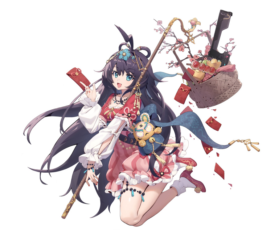 1girl absurdres bangs basket blue_eyes bracelet breasts cherry_blossoms china_dress chinese_clothes chinese_zodiac chunrijun_(springer) collarbone dress eyebrows_visible_through_hair food full_body girls_frontline gun hair_ornament hairclip handgun high_heels highres holding holding_basket holding_letter holding_stick jewelry kneeling letter long_hair looking_at_viewer nail_polish necklace official_alternate_costume official_art open_mouth petals pink_nails pistol purple_hair red_dress red_footwear smile socks solo stechkin_(brilliance_of_the_peach_blossoms)_(girls'_frontline) stechkin_(girls'_frontline) stechkin_aps stick weapon year_of_the_tiger