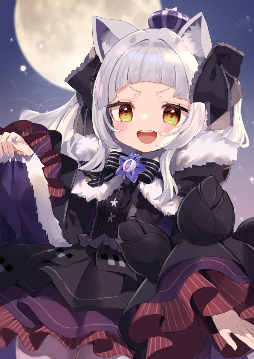 1girl :d absurdres animal_ear_fluff animal_ears bangs black_bow black_bowtie black_capelet black_dress black_ribbon blush bow bowtie brown_eyes capelet cat_ears commentary cowboy_shot dress frilled_ribbon frills full_moon fur-trimmed_capelet fur_trim gothic_lolita hair_ribbon highres hololive lolita_fashion long_hair long_sleeves looking_at_viewer moon murasaki_shion nail_polish night night_sky noi_mine purple_nails ribbon round_teeth silver_hair sky smile solo standing teeth upper_teeth v-shaped_eyebrows virtual_youtuber wide_sleeves