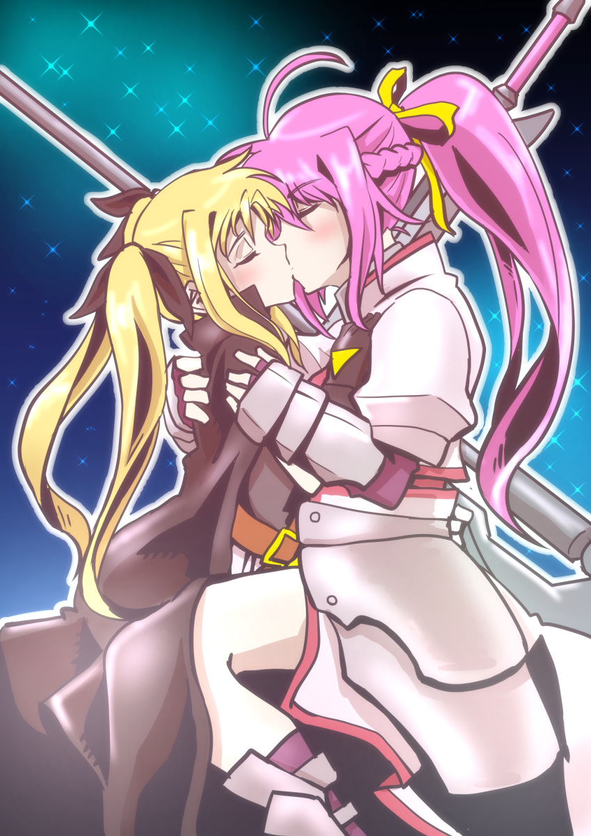 2girls akaimame_mame blonde_hair blush braid breasts closed_eyes covered_navel fate_testarossa gradient gradient_background hair_ornament hair_ribbon highres kiss large_breasts lyrical_nanoha mahou_shoujo_lyrical_nanoha_strikers multiple_girls pink_background pink_hair ponytail ribbon signum simple_background sitting sitting_on_lap sitting_on_person skirt yuri