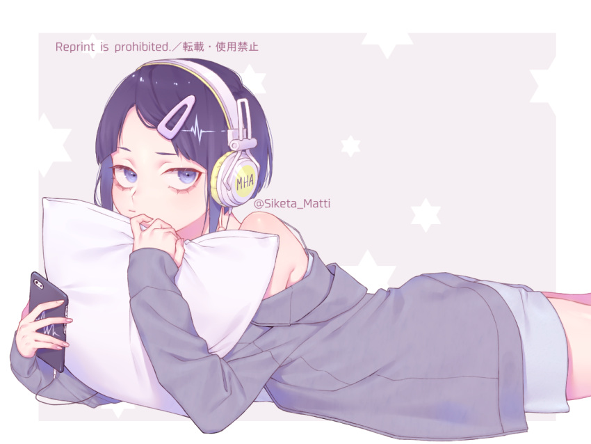 blue_eyes blue_hair boku_no_hero_academia cellphone commentary_request grey_hoodie hair_ornament hairclip headphones holding holding_phone hood hoodie jirou_kyouka long_sleeves lying mizuki_mau object_hug off_shoulder on_stomach phone pillow pillow_hug pout short_hair smartphone solo twitter_username