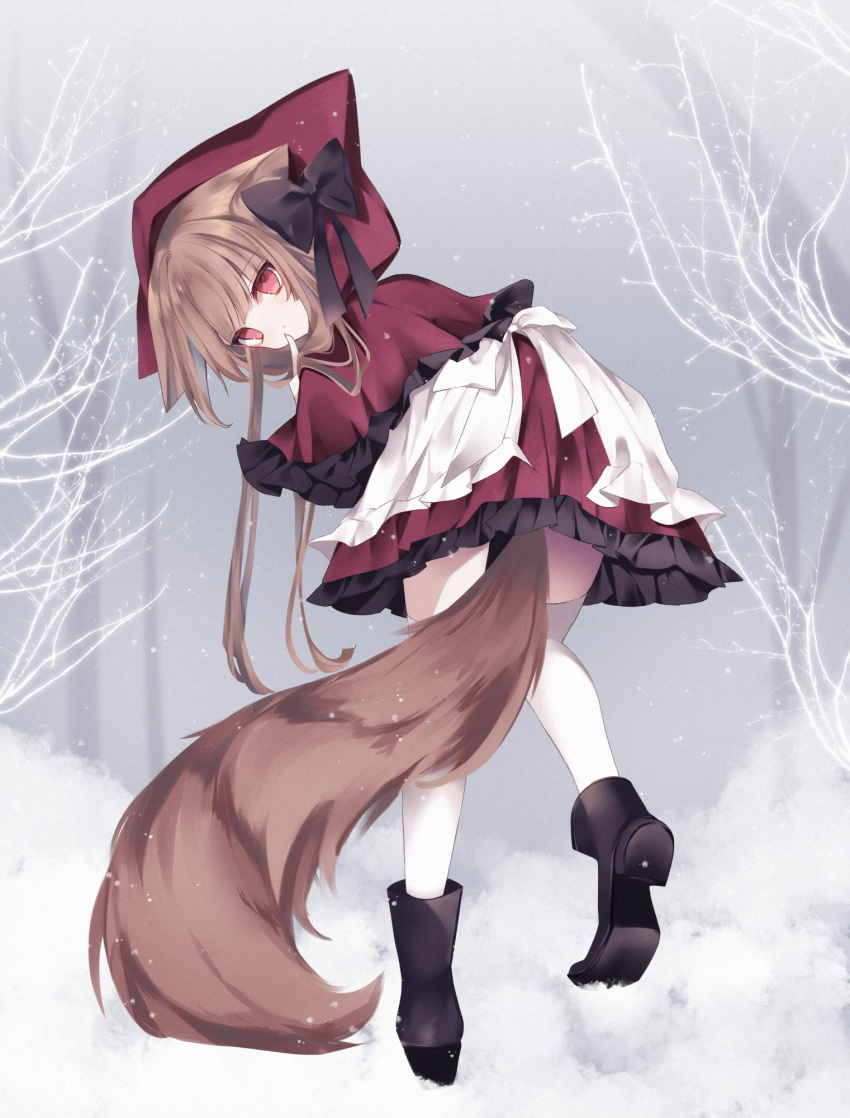 1girl animal_ear_fluff animal_ears apron black_footwear boots brown_eyes brown_hair capelet dress finger_to_mouth from_behind highres hood kurumi_mashiro leaning_forward little_red_riding_hood long_hair long_tail looking_at_viewer looking_back original outdoors red_dress snow solo tail thigh-highs tree waist_apron white_apron white_thighhighs wolf_ears wolf_girl wolf_tail
