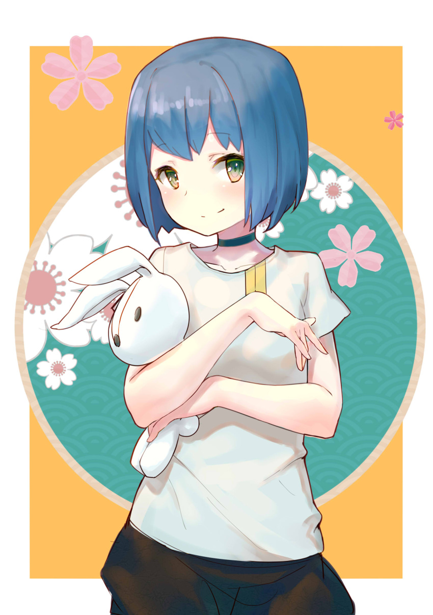 1girl absurdres bangs black_choker black_skirt blue_hair bob_cut cherry_blossoms chinese_commentary choker closed_mouth commentary_request cowboy_shot crossed_arms darling_in_the_franxx green_background green_eyes highres ichigo_(darling_in_the_franxx) outside_border shiliuyexiaohei shirt short_hair skirt smile solo stuffed_animal stuffed_bunny stuffed_toy t-shirt white_shirt yellow_background younger