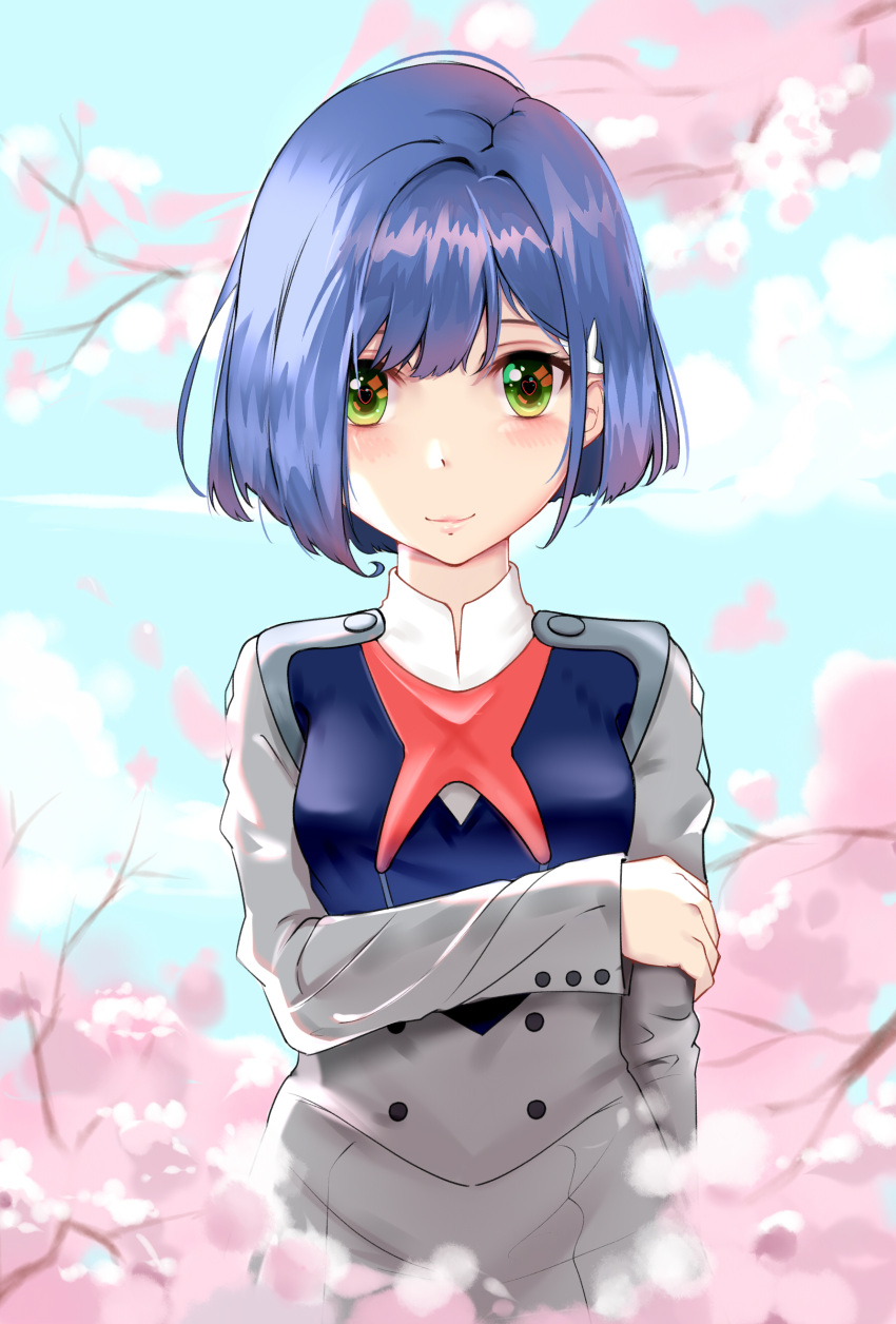 1girl absurdres arm_at_side arm_under_breasts bangs black_dress blue_hair blush bob_cut breasts cherry_blossoms closed_mouth commentary darling_in_the_franxx dress duan_qiao falling_petals green_eyes grey_dress hair_over_one_eye hair_strand heart heart-shaped_pupils highres holding_own_arm ichigo_(darling_in_the_franxx) light_smile looking_at_viewer outdoors petals red_neckwear short_hair sky small_breasts smile solo standing symbol-shaped_pupils tree uniform upper_body