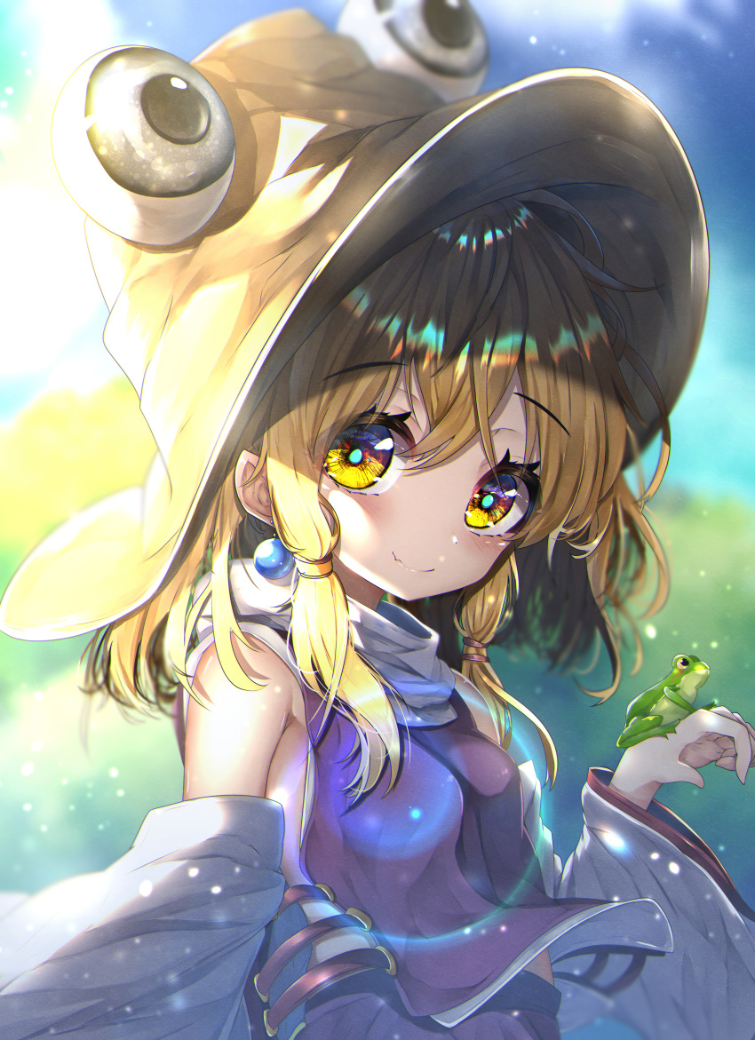 1girl absurdres animal animal_on_hand blonde_hair blush brown_headwear closed_mouth day detached_sleeves dfra eyebrows_visible_through_hair frog hair_between_eyes hat highres looking_at_viewer medium_hair moriya_suwako purple_skirt purple_vest skirt smile solo touhou upper_body vest wide_sleeves yellow_eyes