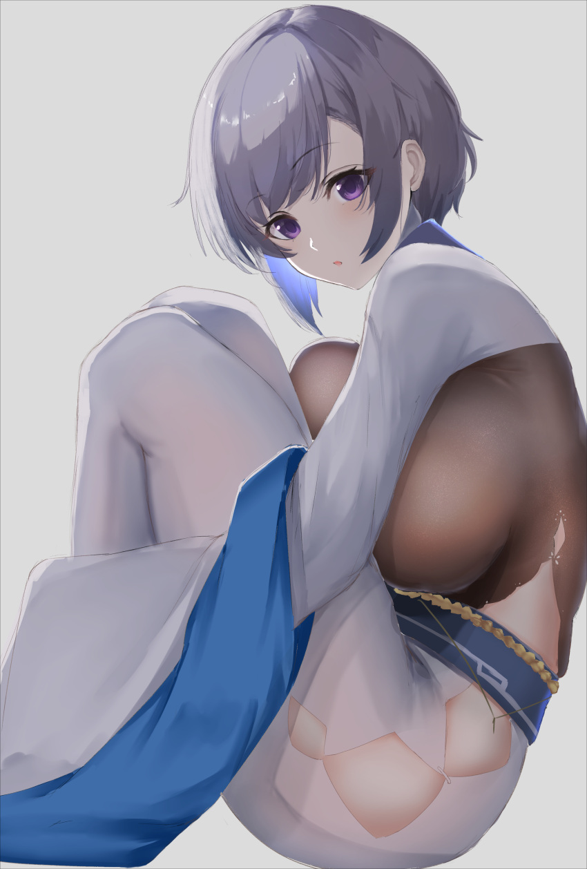 1girl absurdres azur_lane bangs bodystocking breasts clothing_cutout commentary_request eyebrows_visible_through_hair grey_hair highres large_breasts long_skirt looking_at_viewer mippei official_alternate_costume parted_lips partial_commentary reno_(azur_lane) reno_(spring's_inspiration)_(azur_lane) short_hair shrug_(clothing) sidelocks simple_background sitting skirt solo thigh_cutout violet_eyes white_background white_skirt white_sleeves wide_sleeves