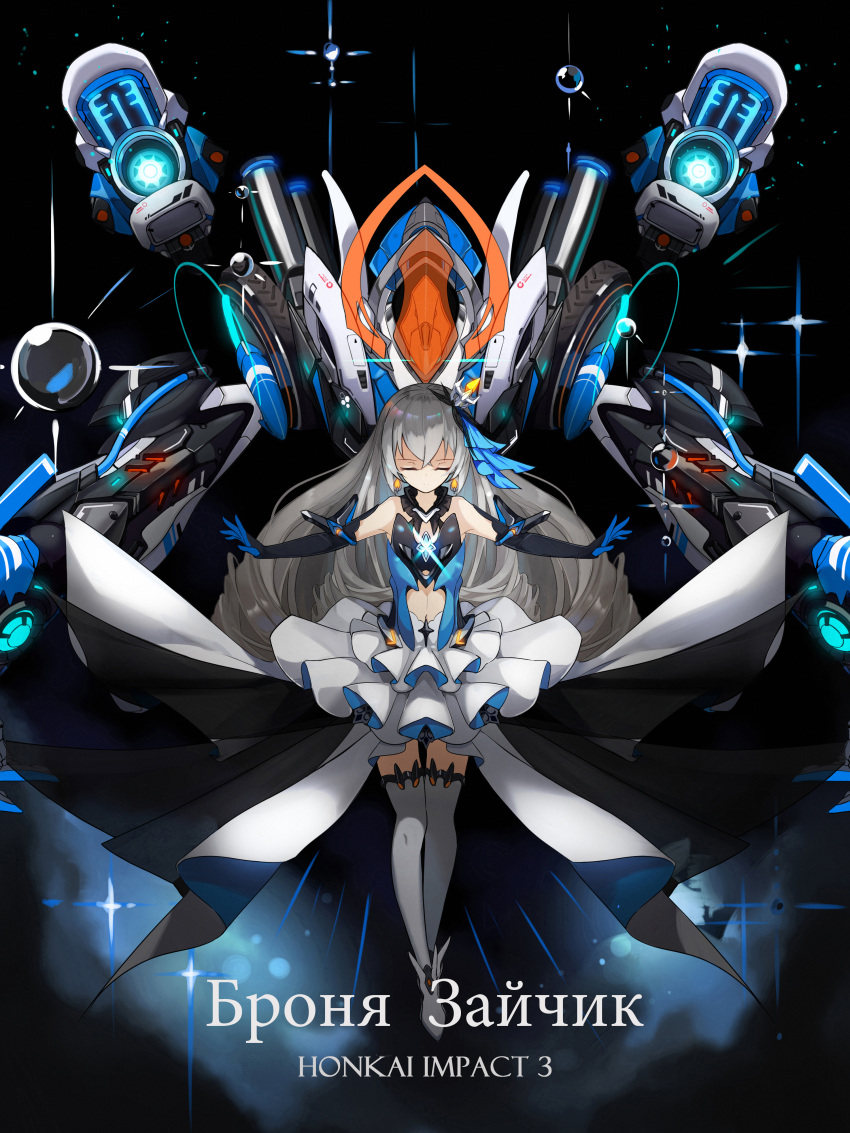 1girl absurdres bandages bangs bare_shoulders black_background black_gloves bronya_zaychik bronya_zaychik_(herrscher_of_reason) character_name closed_eyes closed_mouth crown dress drill_hair elbow_gloves full_body gloves grey_hair hair_ornament highres honkai_(series) honkai_impact_3rd kai_(lolicc) long_hair outstretched_arms project_bunny shoes simple_background sleeveless sleeveless_dress solo thigh-highs twin_drills white_dress white_footwear white_legwear