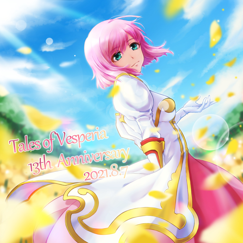 1girl anniversary closed_mouth coat copyright_name dated dress estellise_sidos_heurassein gloves green_eyes head_tilt highres looking_at_viewer outdoors petals pink_dress pink_hair short_hair smile solo tales_of_(series) tales_of_vesperia white_coat white_gloves ya9mnx6smrb8o8g