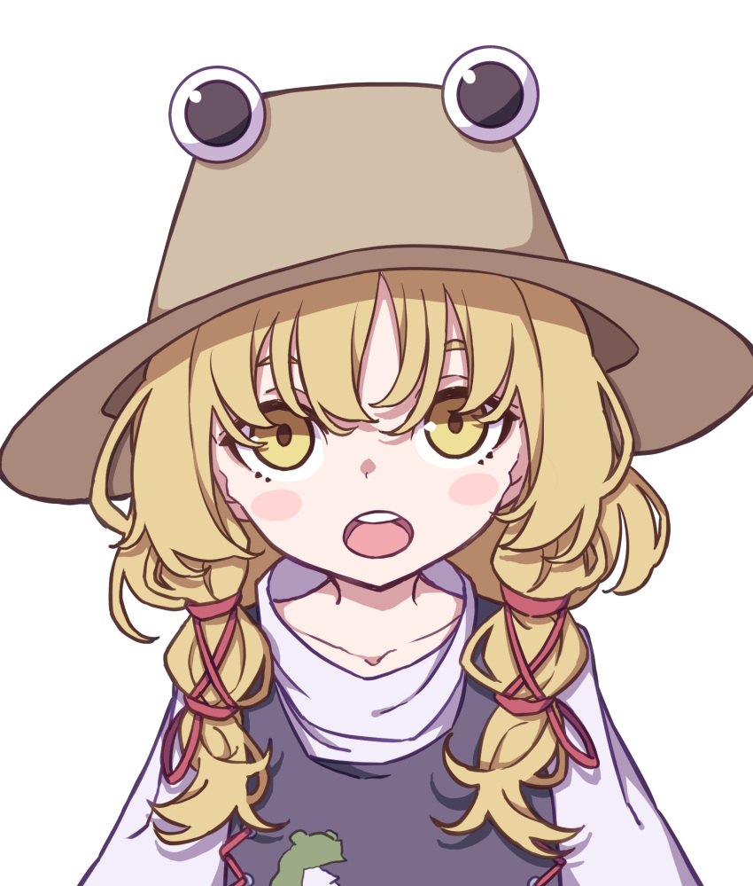 1girl animal_print bangs blonde_hair frog_print highres kame_(kamepan44231) long_sleeves medium_hair moriya_suwako parted_bangs purple_vest shirt simple_background sleeves_past_wrists solo touhou turtleneck vest white_background white_shirt wide_sleeves yellow_eyes