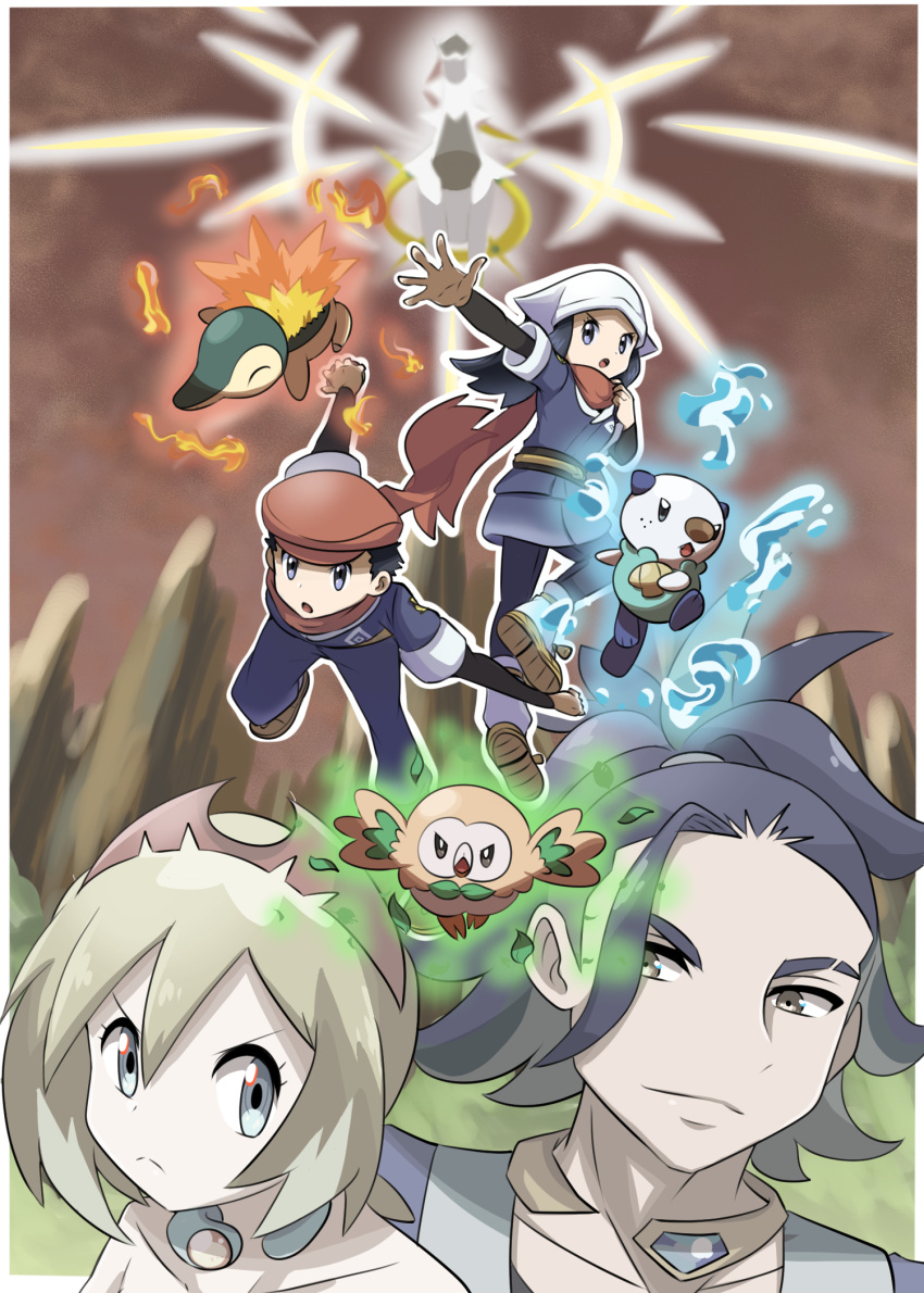 2boys 2girls adaman_(pokemon) akari_(pokemon) arceus black_hair black_shirt blonde_hair closed_mouth collar collarbone commentary_request cyndaquil eyebrow_cut fire floating_scarf frown grey_jacket grey_skirt hairband hat head_scarf highres irida_(pokemon) jacket leaf loose_socks multiple_boys multiple_girls oshawott outstretched_arm pantyhose pokemon pokemon_(creature) pokemon_(game) pokemon_legends:_arceus red_scarf rei_(pokemon) rowlet saon101 scarf shirt shoes skirt starter_pokemon_trio tied_hair water white_headwear