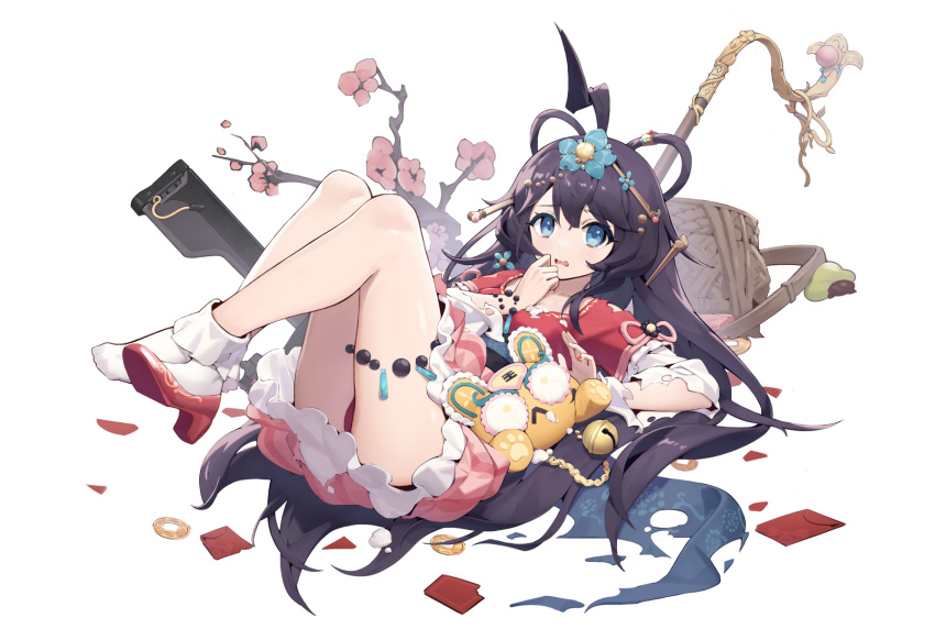 1girl bangs basket blue_eyes bracelet breasts cherry_blossoms china_dress chinese_clothes chinese_zodiac chunrijun_(springer) collarbone dress eyebrows_visible_through_hair full_body girls_frontline gun hair_ornament hairclip handgun high_heels highres jewelry legs letter long_hair looking_at_viewer lying official_alternate_costume official_art on_back open_mouth petals pistol purple_hair red_dress red_footwear shoes single_shoe socks solo stechkin_(brilliance_of_the_peach_blossoms)_(girls'_frontline) stechkin_(girls'_frontline) stechkin_aps torn_clothes torn_dress weapon year_of_the_tiger