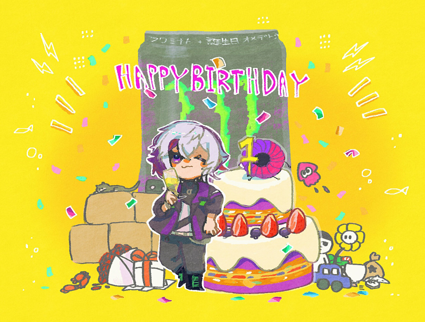 1boy animal_ears bangs black_footwear black_jacket black_pants boots bouquet box cake can cardboard_box cat chibi closed_mouth cross-laced_footwear crossover cup drinking_glass energy_drink flower flowey_(undertale) food fuwa_minato gift gift_box grey_hair hair_between_eyes happy_birthday holding holding_cup inkling jacket kiduta_cielo lace-up_boots lightning_bolt_symbol long_sleeves male_focus monster_energy multicolored_hair multiple_crossover nijisanji notice_lines one_eye_closed open_clothes open_jacket pants petals purple_hair red_flower red_rose rose shirt splatoon_(series) streaked_hair undertale violet_eyes virtual_youtuber white_shirt wine_glass yellow_background