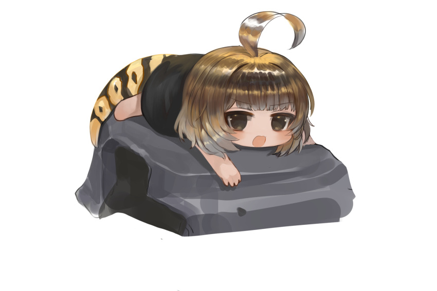 1girl :d ahoge bangs barefoot black_shirt blush brown_eyes brown_hair chibi commentary_request dokomon eyebrows_visible_through_hair full_body highres korean_commentary looking_at_viewer lying on_rock on_stomach original personification rock shirt simple_background smile snake_tail solo tail white_background