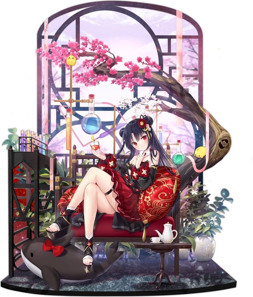 1girl azur_lane bare_shoulders black_dress black_footwear cup double_bun dress finger_to_own_chin full_body highres holding holding_cup layered_dress long_hair looking_at_viewer official_alternate_costume official_art orca platform_footwear purple_hair red_dress red_eyes solo stuffed_animal stuffed_orca stuffed_toy teapot toeless_footwear transparent_background u-73_(azur_lane) u-73_(new_year's_chemistry)_(azur_lane) yano_mitsuki