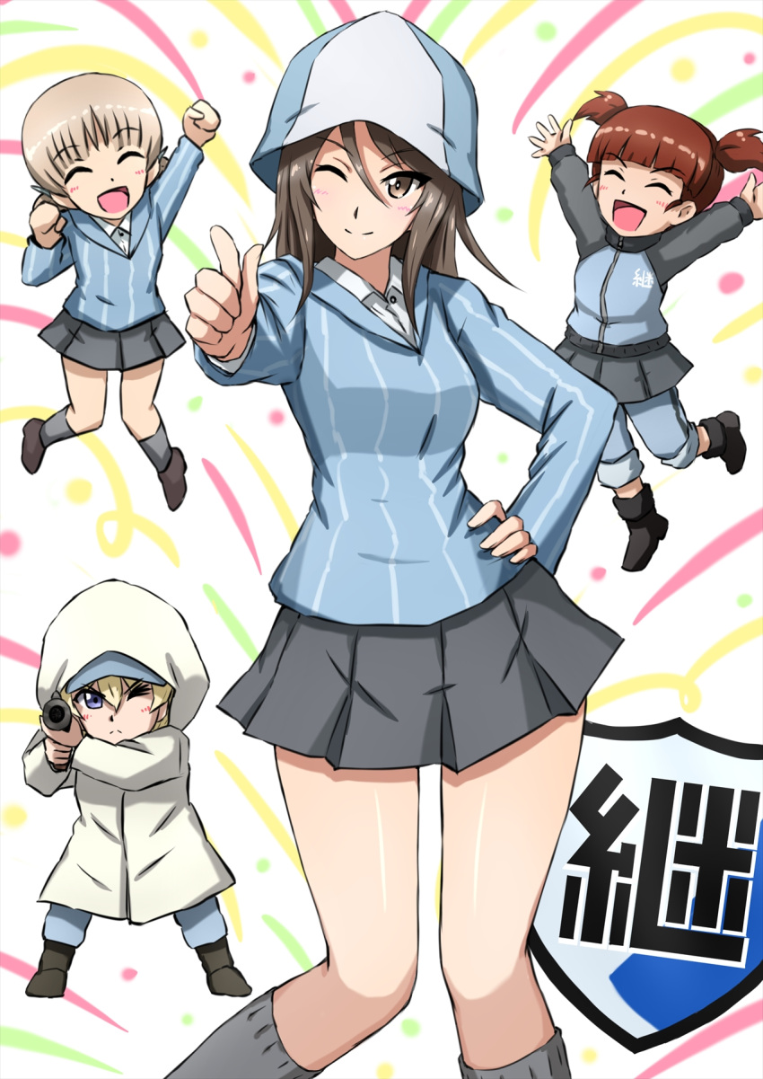 :d ;( ;) aiming_at_viewer aki_(girls_und_panzer) arm_up arms_up bangs baseball_cap black_footwear blonde_hair blue_eyes blue_headwear blue_jacket blue_pants blue_shirt blue_skirt blunt_bangs boots brown_eyes brown_hair chibi closed_eyes closed_mouth coat commentary confetti dress_shirt emblem frown girls_und_panzer grey_legwear grey_skirt gun hair_tie hand_on_hip hat highres holding holding_gun holding_weapon hooded_coat jacket jumping keizoku_(emblem) keizoku_military_uniform keizoku_school_uniform leg_up light_brown_hair long_hair long_sleeves looking_at_viewer low_twintails mika_(girls_und_panzer) mikko_(girls_und_panzer) military military_uniform miniskirt omachi_(slabco) one_eye_closed open_mouth pants pants_rolled_up pants_under_skirt pleated_skirt raglan_sleeves raised_fist redhead school_uniform shirt short_hair short_twintails single_vertical_stripe skirt smile socks standing streamers striped striped_shirt track_jacket track_pants tulip_hat twintails uniform vertical-striped_shirt vertical_stripes weapon white_coat white_shirt wing_collar youko_(girls_und_panzer)
