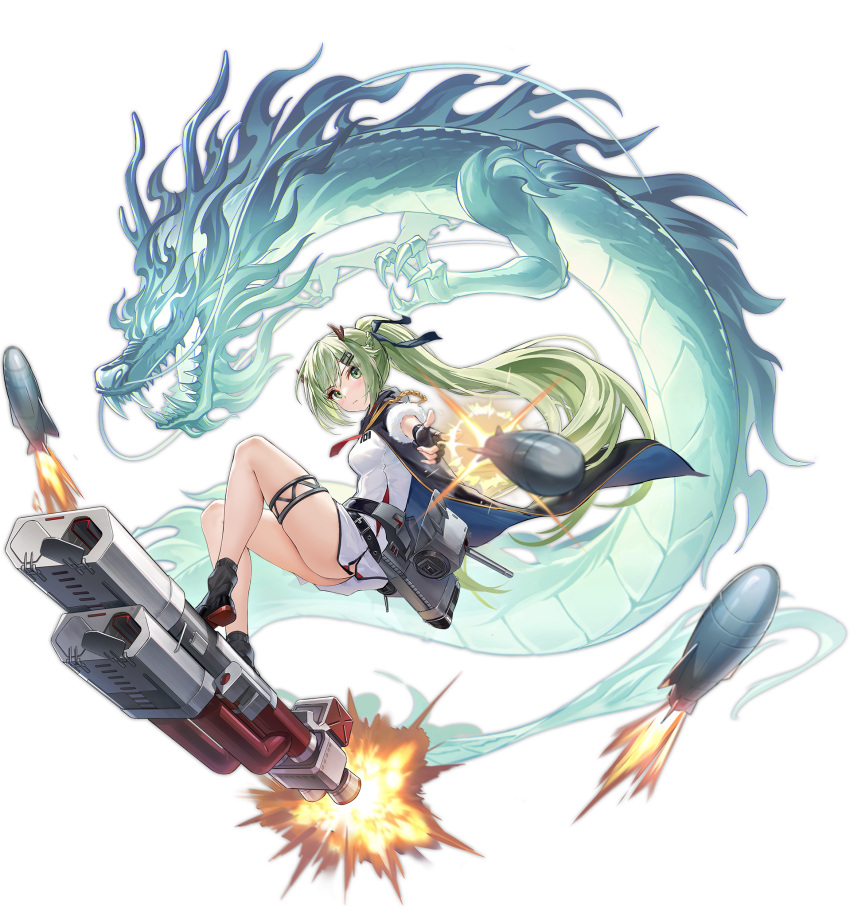 1girl alisa_(kuro_no_sakura) anshan_(azur_lane) ass azur_lane black_footwear black_gloves dragon dragon_horns eastern_dragon finger_gun fingerless_gloves from_side full_body gloves green_eyes green_hair hair_ornament hairclip highres horns long_hair looking_at_viewer missile no_panties official_alternate_costume official_art ponytail retrofit_(azur_lane) thigh_strap transparent_background