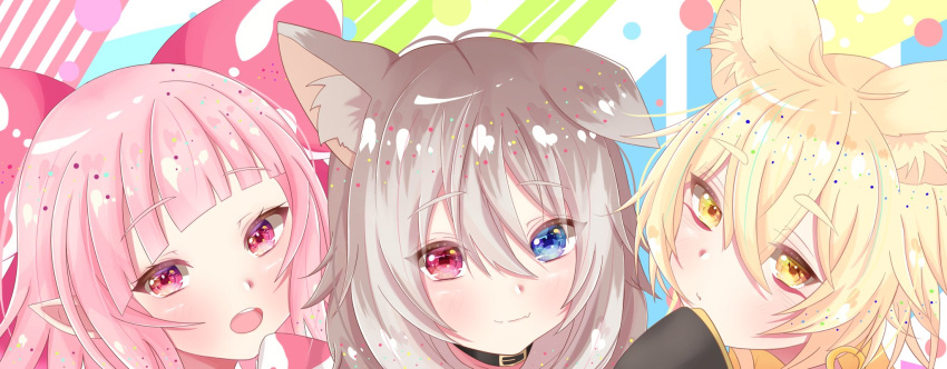 1boy 2girls akatuki_tikage akatukitikage_(artist) blonde_hair blue_eyes brown_hair hasuki_rui heterochromia highres indie_virtual_youtuber looking_at_viewer multiple_girls osaki_kurama pale_skin pink_eyes pink_hair pointy_ears red_eyes virtual_youtuber yellow_eyes